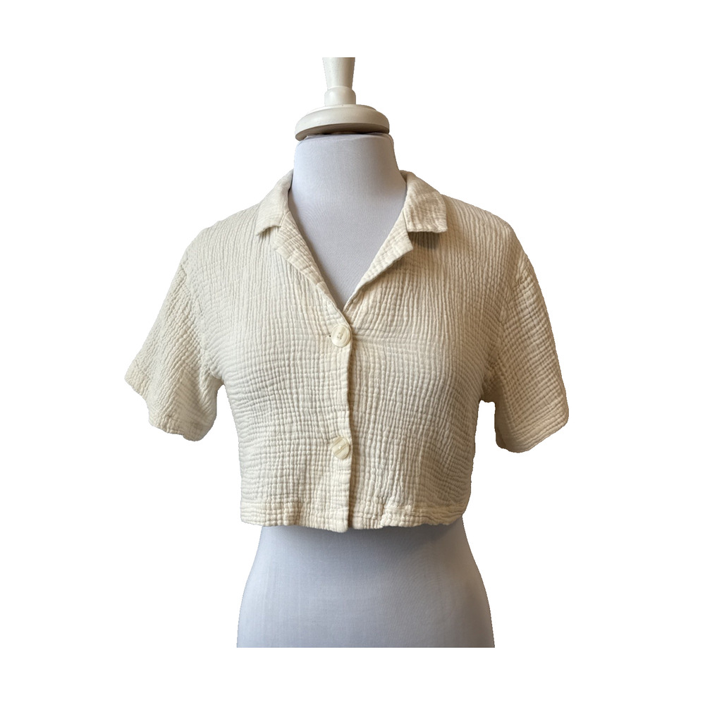 Kirious LA Women's M Cream Woven Cotton Gauze Boxy Cropped Button Front Shirt